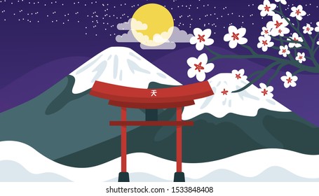 Flat vector web banners on the theme of Sakura Japan, mountain, castle, kawaguchiko, snow, temple, pagoda. Flat Vector Illustration. Flat Design Background. Web vector illustration. Vector Background.