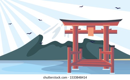 Flat vector web banners on the theme of Sakura Japan, mountain, castle, kawaguchiko, snow, temple, pagoda. Flat Vector Illustration. Flat Design Background. Web vector illustration. Vector Background.