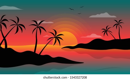 Flat vector web banners on the theme of beach sunset, sea, ocean, sunny, sunshine, paradise, coastline. Flat Vector Illustration. Flat Design Background. Web vector illustration. Vector Background.