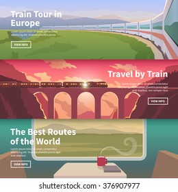 Flat vector web banners on the theme of travel by train, high speed train, vacation, landscape, view from window, railway, adventure. Mountain landscape. Sunset sky. The bridge, mountain railway. 