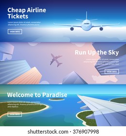 Flat Vector Web Banners On The Theme Of Travel By Airplane, Vacation, Adventure. Flight In The Stratosphere. Takeoff Over The City Among The Skyscrapers. Landing On A Tropical Island. Transport.