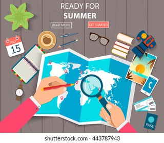 Flat vector web banners on the theme of travel , vacation, adventure. Preparing for your journey. Outfit of modern traveler. Objects on wooden background. Top view. Ready for Summer