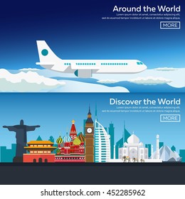 Flat vector web banners on the theme of travel. Around the World. Discover the World