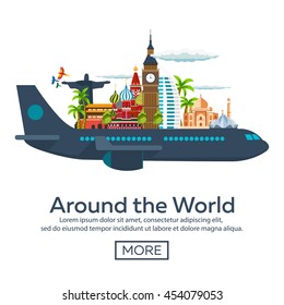 Flat vector web banners on the theme of travel by airplane, vacation, adventure. Around the World