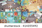 Flat vector web banners set on the theme of travel , vacation, adventure. Preparing for your journey. Outfit of modern traveler. Objects on wooden background. Top view. Ready for Summer. #2