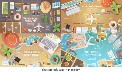 Flat Vector Web Banners Set On The Theme Of Travel , Vacation, Adventure. Preparing For Your Journey. Outfit Of Modern Traveler. Objects On Wooden Background. Top View. Ready For Summer. #1