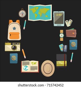 Flat vector web banners set on the theme of travel , vacation, adventure. Time for journey. Top view. Outfit of modern traveler. Vector objects isolated on background.