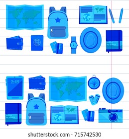 Flat vector web banners set on the theme of travel , vacation, adventure. Time for journey. Top view. Outfit of modern traveler. Vector objects isolated on background.