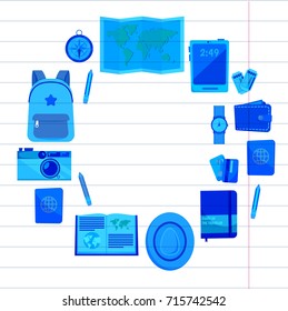 Flat vector web banners set on the theme of travel , vacation, adventure. Time for journey. Top view. Outfit of modern traveler. Vector objects isolated on background.