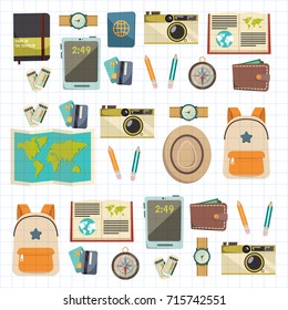 Flat vector web banners set on the theme of travel , vacation, adventure. Time for journey. Top view. Outfit of modern traveler. Vector objects isolated on background.