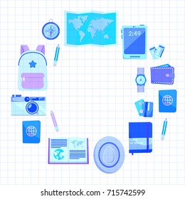 Flat vector web banners set on the theme of travel , vacation, adventure. Time for journey. Top view. Outfit of modern traveler. Vector objects isolated on background.
