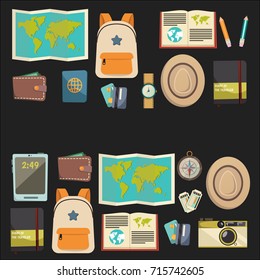 Flat vector web banners set on the theme of travel , vacation, adventure. Time for journey. Top view. Outfit of modern traveler. Vector objects isolated on background.