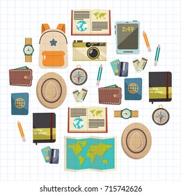 Flat vector web banners set on the theme of travel , vacation, adventure. Time for journey. Top view. Outfit of modern traveler. Vector objects isolated on background.