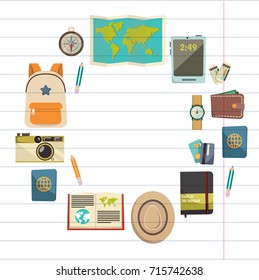 Flat vector web banners set on the theme of travel , vacation, adventure. Time for journey. Top view. Outfit of modern traveler. Vector objects isolated on background.