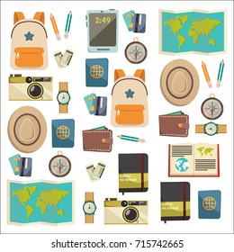 Flat vector web banners set on the theme of travel , vacation, adventure. Time for journey. Top view. Outfit of modern traveler. Vector objects isolated on background.