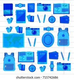 Flat vector web banners set on the theme of travel , vacation, adventure. Time for journey. Top view. Outfit of modern traveler. Vector objects isolated on background.