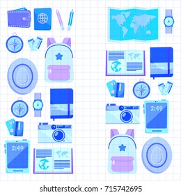 Flat vector web banners set on the theme of travel , vacation, adventure. Time for journey. Top view. Outfit of modern traveler. Vector objects isolated on background.