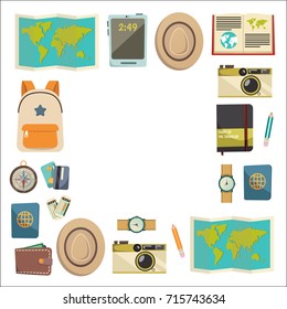 Flat vector web banners set on the theme of travel , vacation, adventure. Time for journey. Top view. Outfit of modern traveler. Vector objects isolated on background.