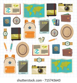 Flat vector web banners set on the theme of travel , vacation, adventure. Time for journey. Top view. Outfit of modern traveler. Vector objects isolated on background.