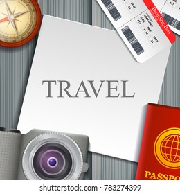Flat vector web banners set on the theme of travel , vacation, adventure. Preparing for your journey. Outfit of modern traveler. Objects on wooden background. 
