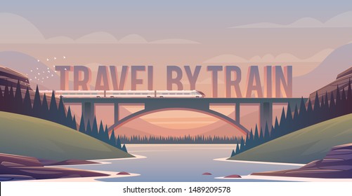 Ilustración plana vectorial sobre el tema del viaje en tren, locomotora de vapor, vacaciones, paisaje montañoso, ferrocarril, aventura. Cielo de la puesta del sol. El puente al otro lado del río. 