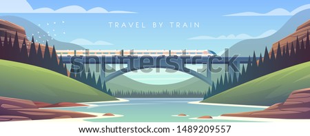 Flat vector web illustration on the theme of travel by train, steam locomotive, mountain landscape railway vacation adventure. Sunny day. The bridge across the river. 