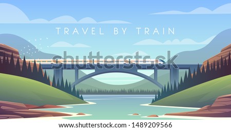 Flat vector web illustration on the theme of travel by train, steam locomotive, vacation, mountain landscape, railway, adventure. Sunny day. The bridge across the river. 