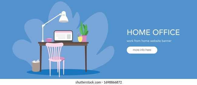 Flat vector website banner; with home office table, lamp, laptop and stationary at blue background. Work at quarantine, stay at home illustration