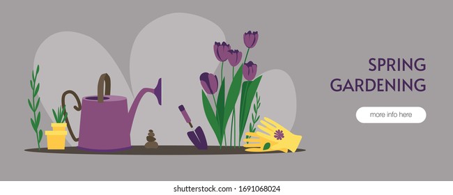 Flat vector website banner; spring gardening, stay at home activity illustration