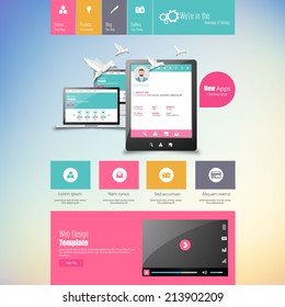 Flat vector website template with computer screen, smartphone, tablet icons set 