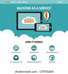 Flat vector website template with mobile gadgets displaying backend as a service 