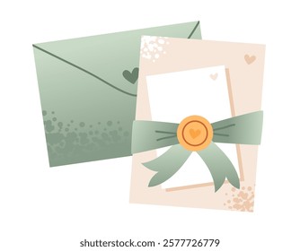 Flat vector wedding invitation postcard with a decorative bow and stamp. Minimalist and classy invitation card for a wedding celebration.