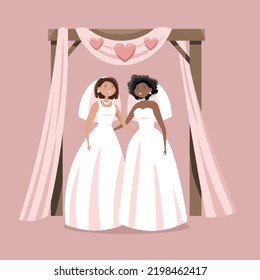 Flat Vector Wedding Of Two Lesbian Women. Female Marriage. Black And White Women In Love.