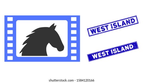 Flat vector western movie icon and rectangle West Island stamps. A simple illustration iconic design of Western Movie on a white background. Blue West Island rubber stamps with rubber surface.