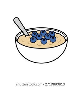 Flat vector of a white ceramic bowl filled with creamy oatmeal, topped with fresh blueberries and a silver spoon, set against a warm yellow background. Represents nutritious breakfast, healthy eating, and meal prep.