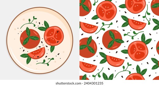 Vector plano entero y trozo de patrón de tomate