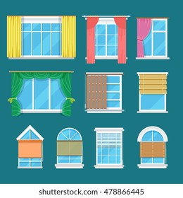 Flat vector window with curtains, drapery and shades blinds. Modern decor and interior for room illustration