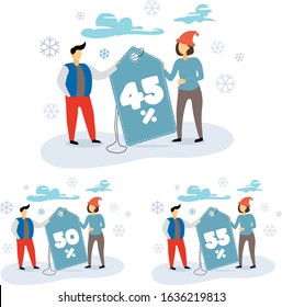 Flat vector winter illustration with label tags and 45%, 50%, 55% text on it.