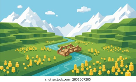  Flat vector winter landscape background featuring a wooden bridge crossing a frozen river among snow covered pine trees and majestic mountains