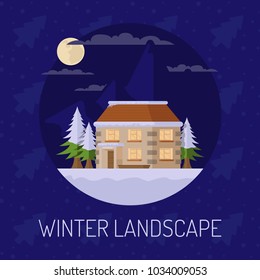 Flat vector winter landscape with a house, mountains and falling snow on a blue background. Vector Illustration.