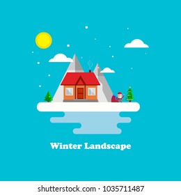 Flat vector winter landscape with a house, mountains and falling snow on a blue background. Vector Illustration.