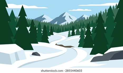 flat vector winter landscape with snowy mountains pine trees and winding river for seasonal nature background and outdoor design
