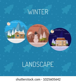 Flat vector winter landscapes with mountains and falling snow on a blue background. Vector Illustration.