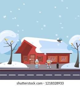 Flat vector winter scene children playing snowball fights. Happy kids boy and girl playing snowball fight game in front of the snowy house and trees by the road at Winter Season. Holiday banner, card