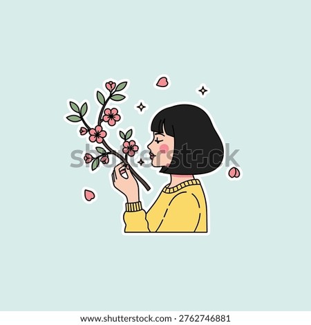 Flat Vector Woman Admiring Cherry Blossoms