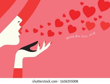 A flat vector of a woman blowing kisses with greeting text Happy Valentine's day on a pink-red background