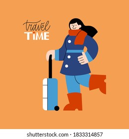 Vektormädchen in blauem Mantel mit Reisegepäck. Flache Illustration mit Phrase einzeln auf orangefarbenem Hintergrund. Design für Social Media, Werbung, Webbanner oder Poster. Tourismus, Reise.