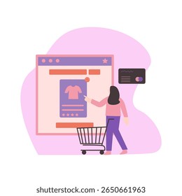 Vetor plano de uma mulher navegando e comprando em um site de desktop. Excelente para conceitos de comércio eletrônico, lojas online, marketing digital e compras na Internet.