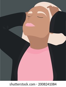 Flat. Vector. A woman with dark skin and white hair. Happy smile. Love yourself and your body. Take time for yourself. 