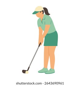 Flat Vector Woman Golfer Putting – Golf Character Pose